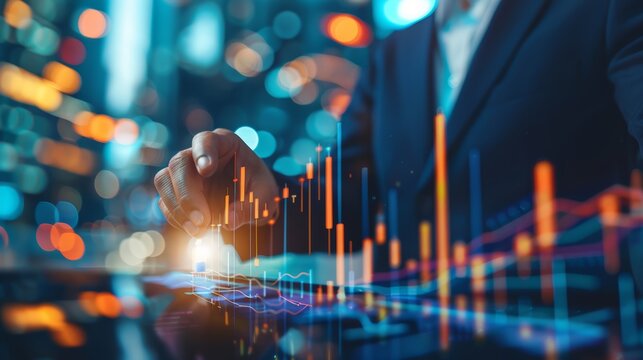 A businessman analyzes financial data on a digital screen, illuminated by a vibrant cityscape backdrop.