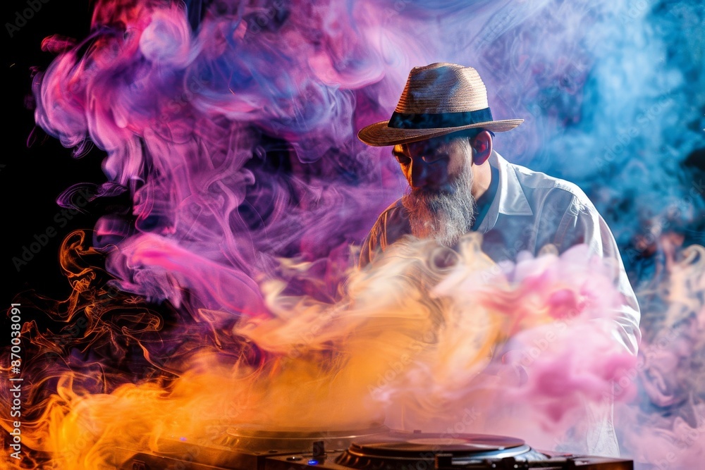 Poster dj with colorful smoke and vibrant lights creating a dynamic and energetic vibe