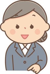 下方向を指差して説明するスーツの女性