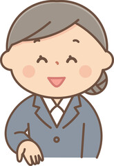 下方向に視線を促すスーツの女性