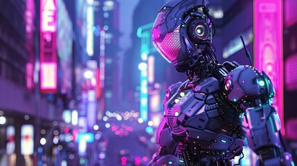 Naklejka premium A futuristic robot stands in a neon-lit city, its sleek design blending with the vibrant cityscape.