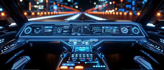 Naklejka premium Autonomous car dashboard with HUD and hologram screens in a wide banner.