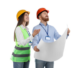 Engineers in hard hats with draft on white background