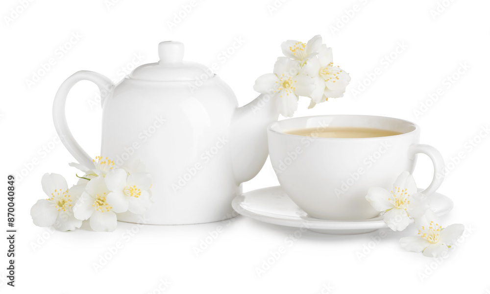 Wall mural Aromatic herbal tea with jasmine flowers isolated on white - Wall murals