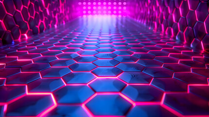 Naklejka premium Neon Geometric Honeycomb Minimalist Abstract Background with Radiant Hues and Architectural Design Elements