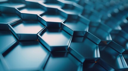 Blue digital technological background with steel hexagon cells. 3d abstract illustration of honeycomb structure.