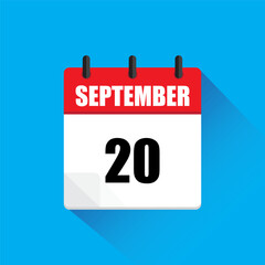 Calendar icon illustration. September twenty. Red and white design. Blue background shadow.