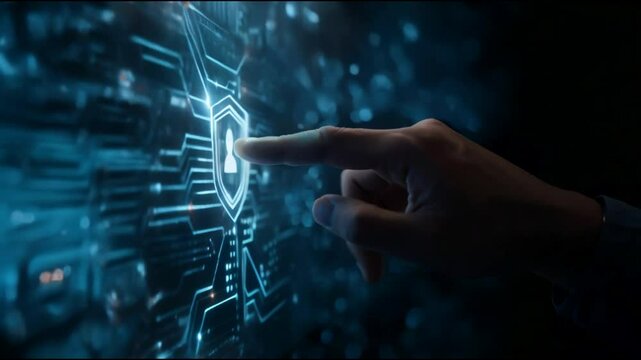 A Finger Pressing a Glowing Shield Shape Security Icon