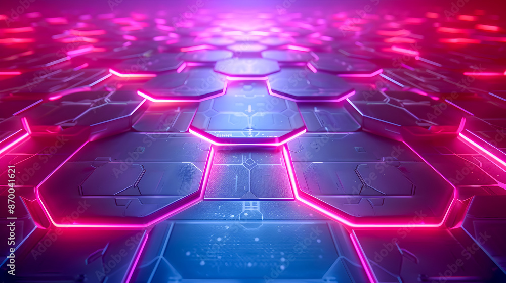 Poster radiant neon lights create a mesmerizing geometric lattice pattern with hexagonal honeycomb shapes a