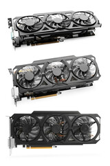 Modern graphics card isolated on white, collage