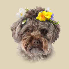 Dog portrait. Cute Maltipoo with flowers on beige background