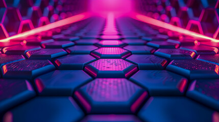 Obraz premium Futuristic Neon Geometric Hexagonal Lattice Background with Radiant Lighting Abstract minimalist digital art polygon shapes and glowing neon colors create a modern architectural