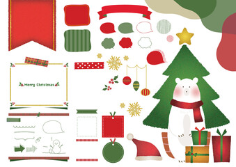 Fototapeta premium 北欧風手描きお洒落なクリスマスの可愛い白熊のイラスト あしらい 素材 セット