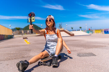 Smiling female vlogger filming at skateboard park © unai