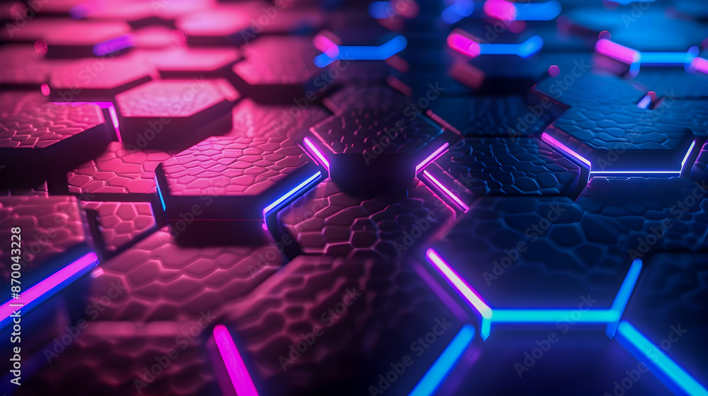 Poster radiant neon geometric abstract background with luminous hexagonal honeycomb lattice and vivid gradi