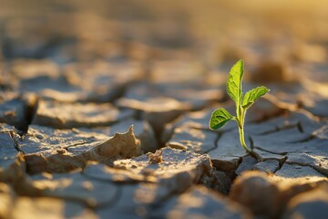 Green seedling growing on cracked soil with blue sky and white clouds