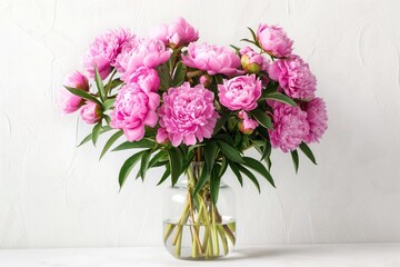 Naklejka premium Bouquet of pink peonies in a glass vase on a white background