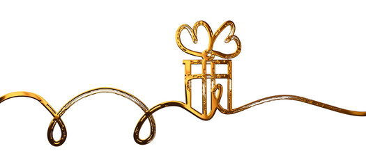 Golden continuous design of a gift box on transparent background with copy space