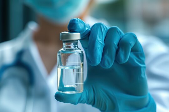 Doctor holding a vial of vaccine in hospital. Vaccination concept