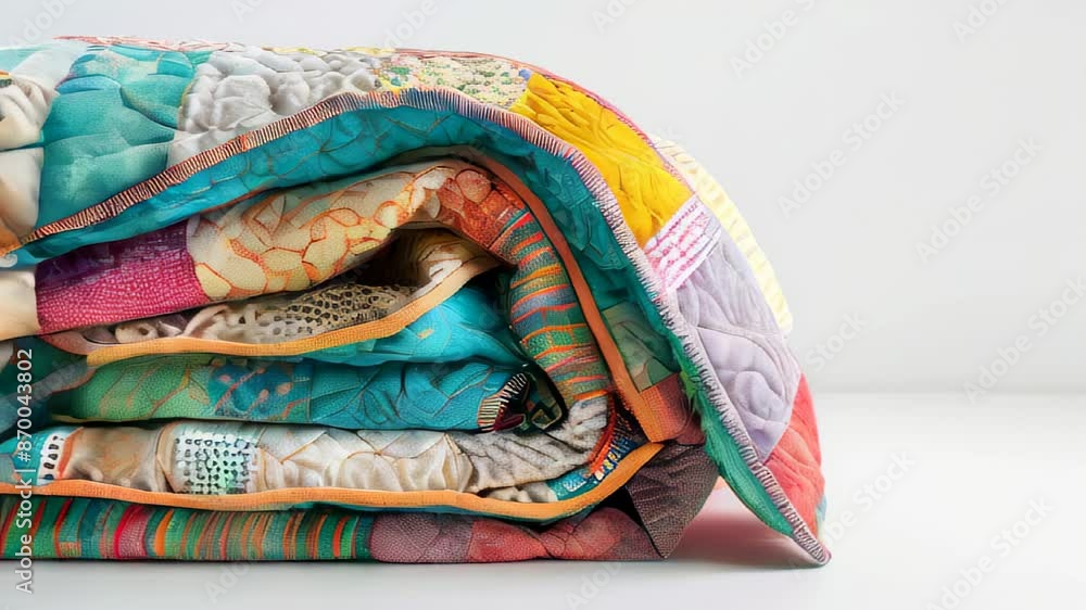 Poster colorful quilt with various patterns folded neatly on flat surface