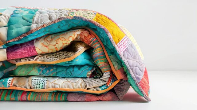 Colorful quilt with various patterns folded neatly on flat surface