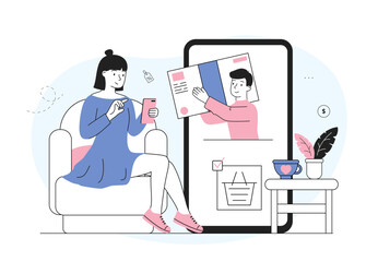 Order delivery online. Girl buying goods in online store. Man with bonus card on smartphone screen. Special marketing offer for regular clients. Linear vector illustration