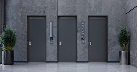 Fototapeta premium Black and gray doors in the office on a concrete background, Modern hallway with three dark grey doors and stylish potted plants on both sides. The minimalist and sleek design of the corridor 