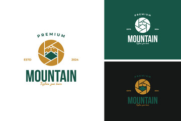 Camera lens with a mountain reflection logo design, ideal for a photography business specializing in nature and landscapes. Vector illustration template idea