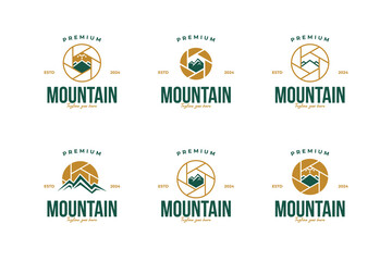 Set of camera lens with a mountain reflection logo design vector illustration template idea