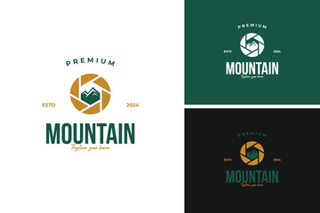 Fototapeta premium Camera lens with a mountain reflection logo design, ideal for a photography business specializing in nature and landscapes. Vector illustration template idea