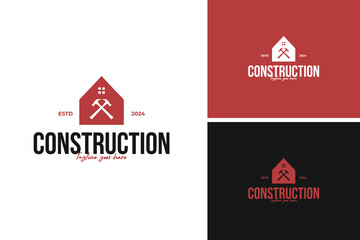 Hammer crossing a building silhouette logo design, perfect for a construction or real estate development company. Vector illustration template idea