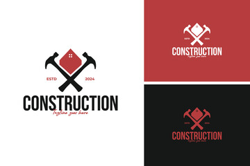 Hammer crossing a building silhouette logo design, perfect for a construction or real estate development company. Vector illustration template idea