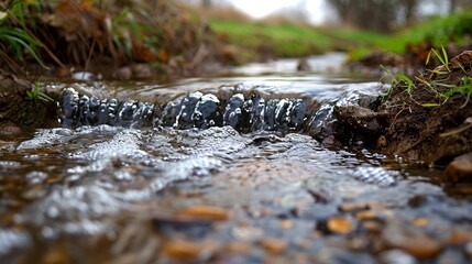 Fototapeta premium A serene image of a small, clear stream winding through a grassy landscape, with rippling water and pebbles creating a peaceful and natural atmosphere