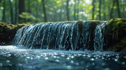 A serene forest waterfall cascades over moss-covered rocks into a sparkling, tranquil stream under dappled sunlight, capturing the essence of nature's tranquility and beauty in a lush woodland setting