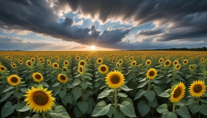 Fototapeta premium A panoramic view of a sunflower field with a dramatic sky filled with fluffy white clouds.