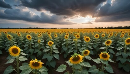 Obraz premium A panoramic view of a sunflower field with a dramatic sky filled with fluffy white clouds.
