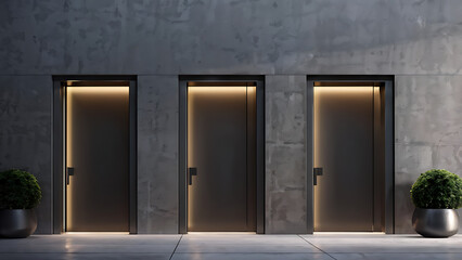  Black and gray doors in the office on a concrete background, Modern hallway with three dark grey doors and stylish potted plants on both sides. The minimalist and sleek design of the corridor 