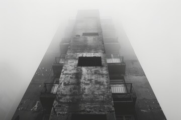 A towering, rundown building with weathered concrete in a foggy setting, creating an eerie and mysterious atmosphere with its narrow, vertically rising structure and empty balconies