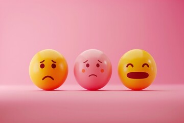 3d rendering of emoji with smiley, sad and neutral face on pink color background.