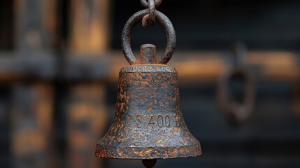 Fototapeta premium A weathered, antique metal bell with historical markings hanging from a rusty chain, symbolizing cultural heritage and the passage of time
