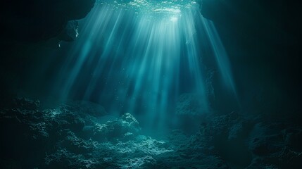 A tranquil image of a minimalist underwater cave with rays of light streaming in.