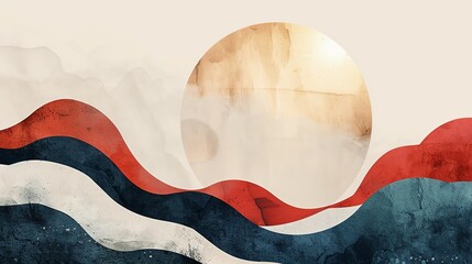 Obraz premium Abstract art showcasing a vibrant sun with flowing red, blue, and white waves in a modern and minimalist style.