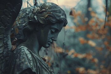Fototapeta premium Close-up of stone angel statue with aging details