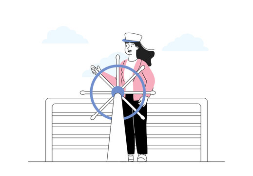 woman steering ship, pink jacket, blue wheel clip art preview