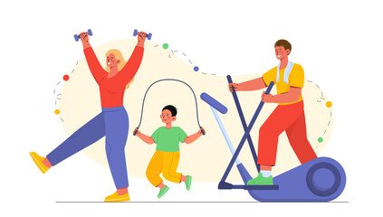 Sport family concept. Woman with dumbbells, child with skipping rope and man on treadmill. Active lifestyle, fitness, training and workout. Cartoon vector illustration