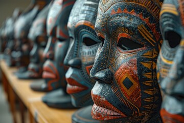 Obraz premium An intricately designed series of traditional African tribal masks on display, capturing the cultural heritage and artistic craftsmanship of indigenous artisans