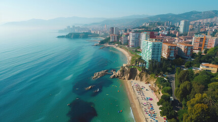 beautiful aerial view beach buildings ocean mountains

