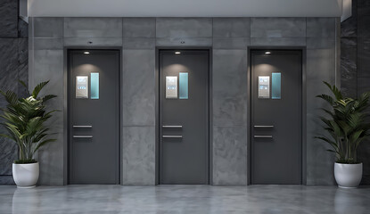  Black and gray doors in the office on a concrete background, Modern hallway with three dark grey doors and stylish potted plants on both sides. The minimalist and sleek design of the corridor 