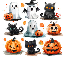 set of halloween on white background, watercolor style