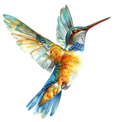 Obraz premium Watercolor hummingbird, blue and yellow body with iridescent wings, white background